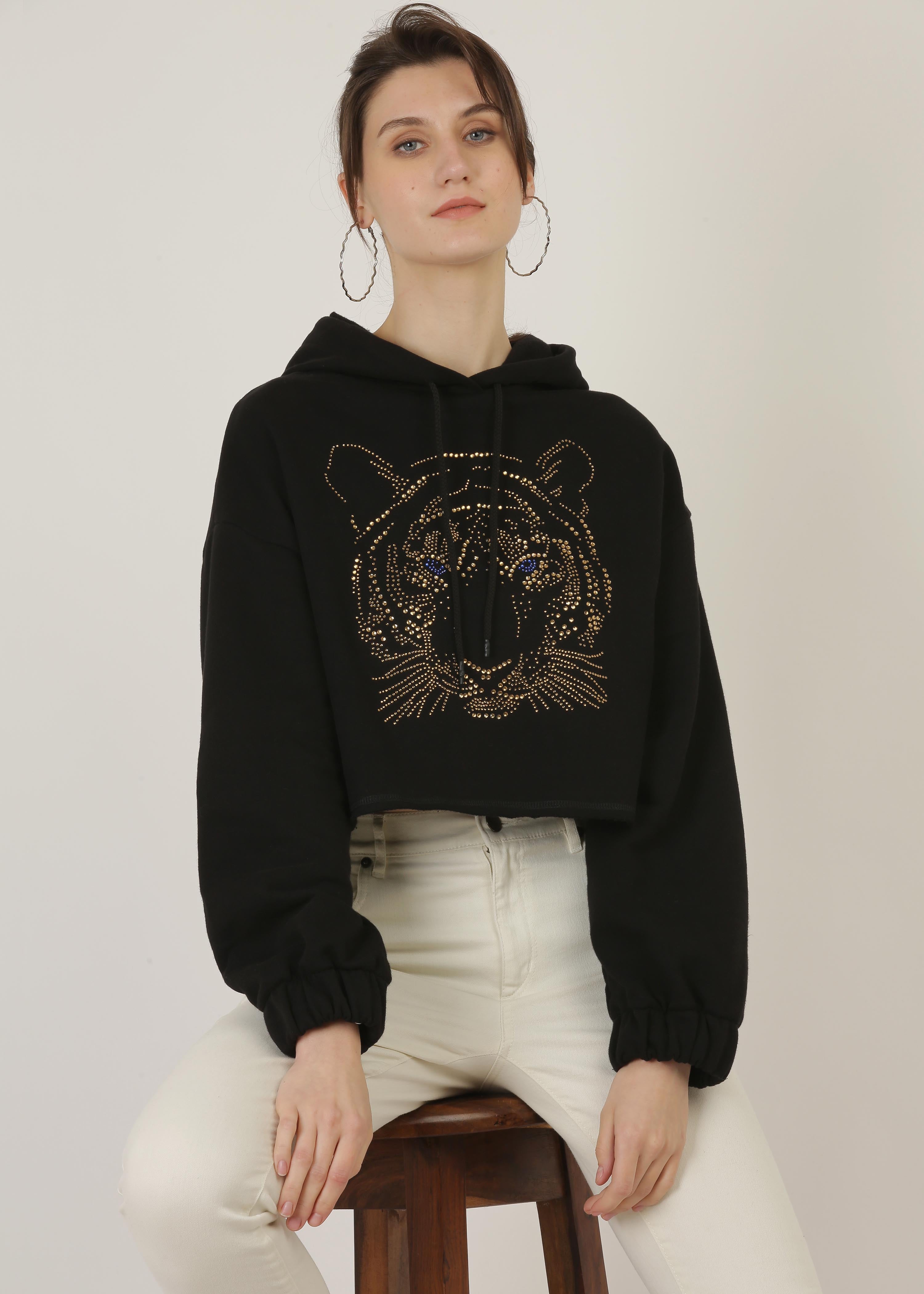 Crystal Heat Studs Tiger face Cropped Hooded sweat