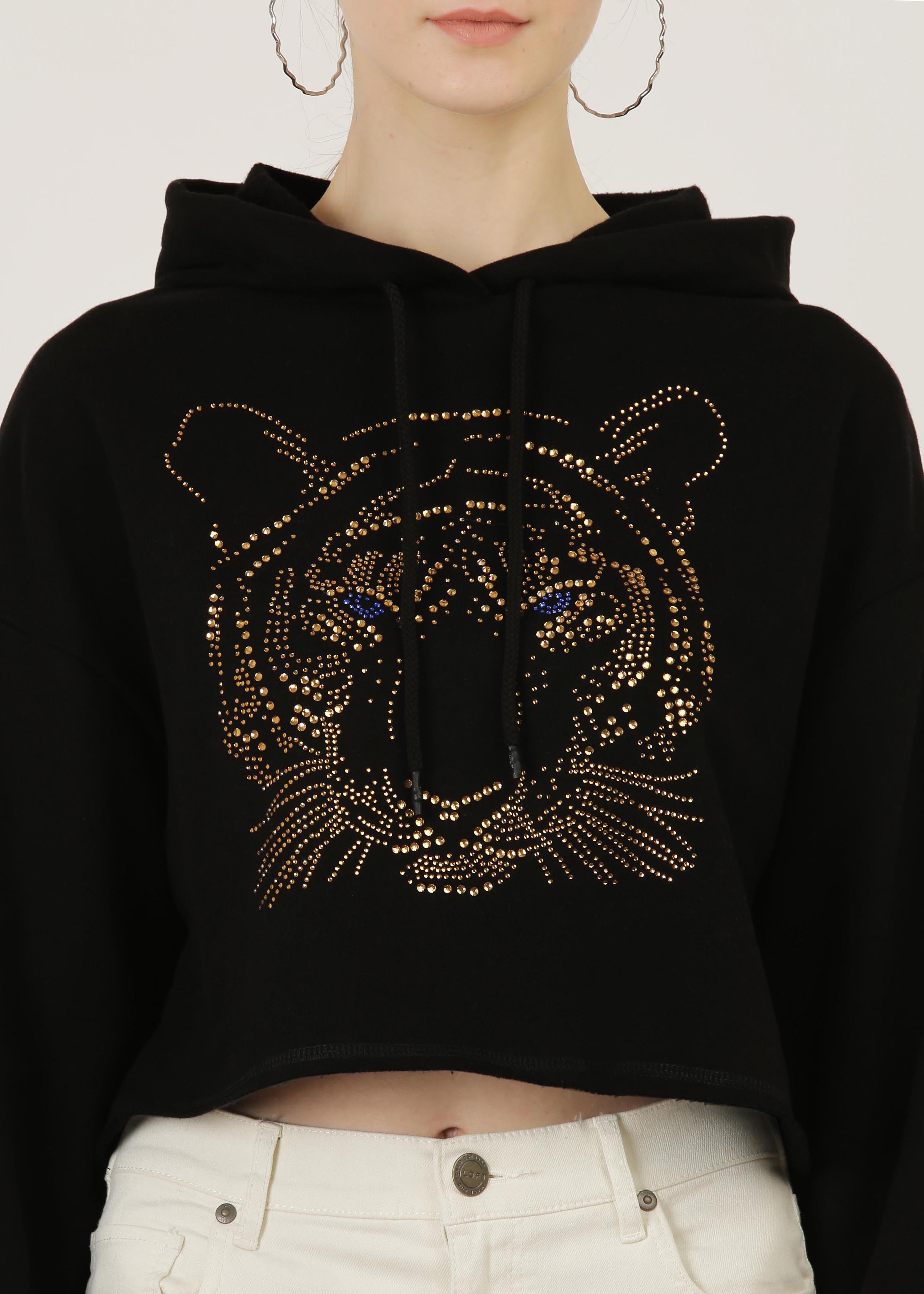 Crystal Heat Studs Tiger face Cropped Hooded sweat