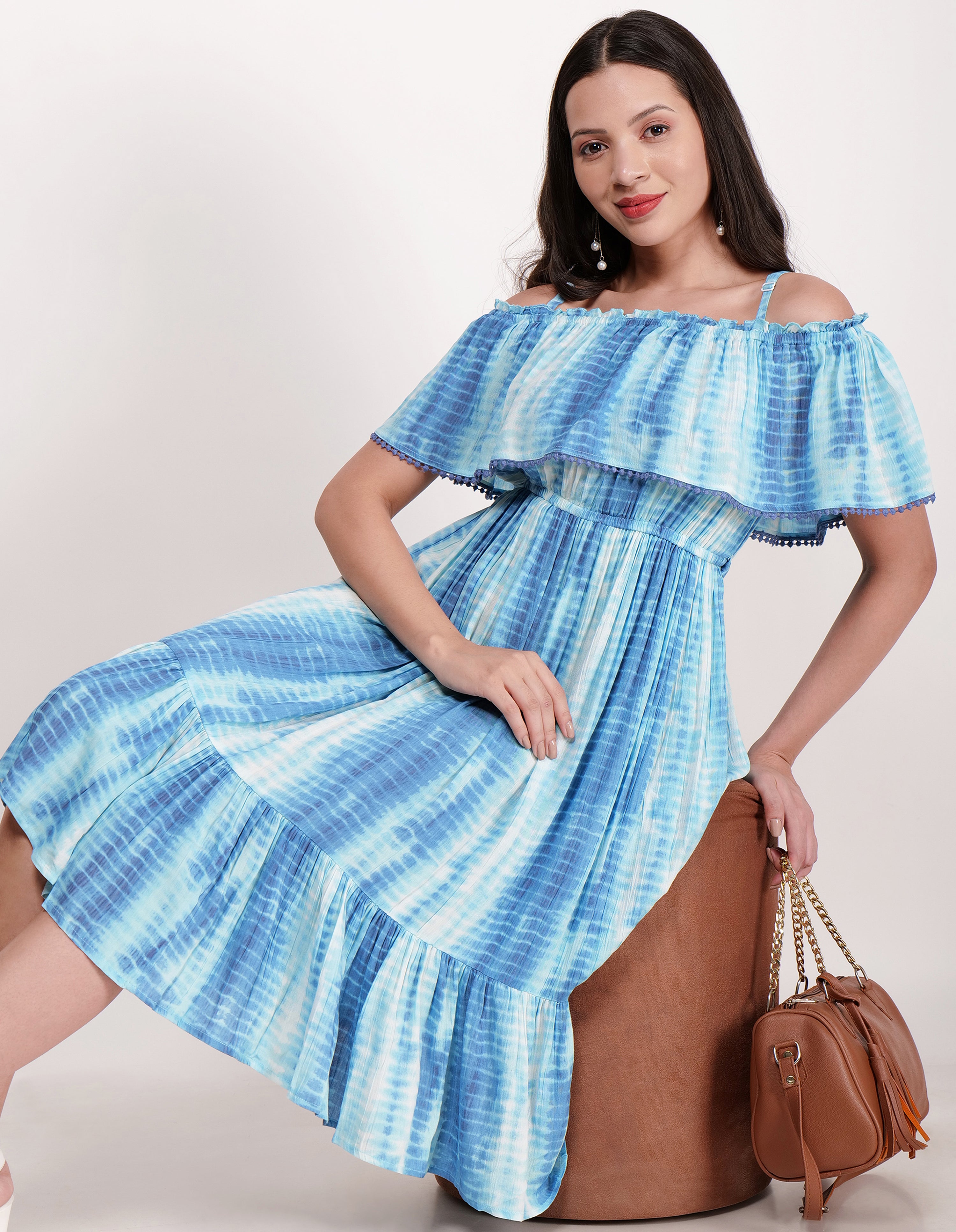 TIE & DYE PRINTED OFF SHOULDER A-LINE DRESS