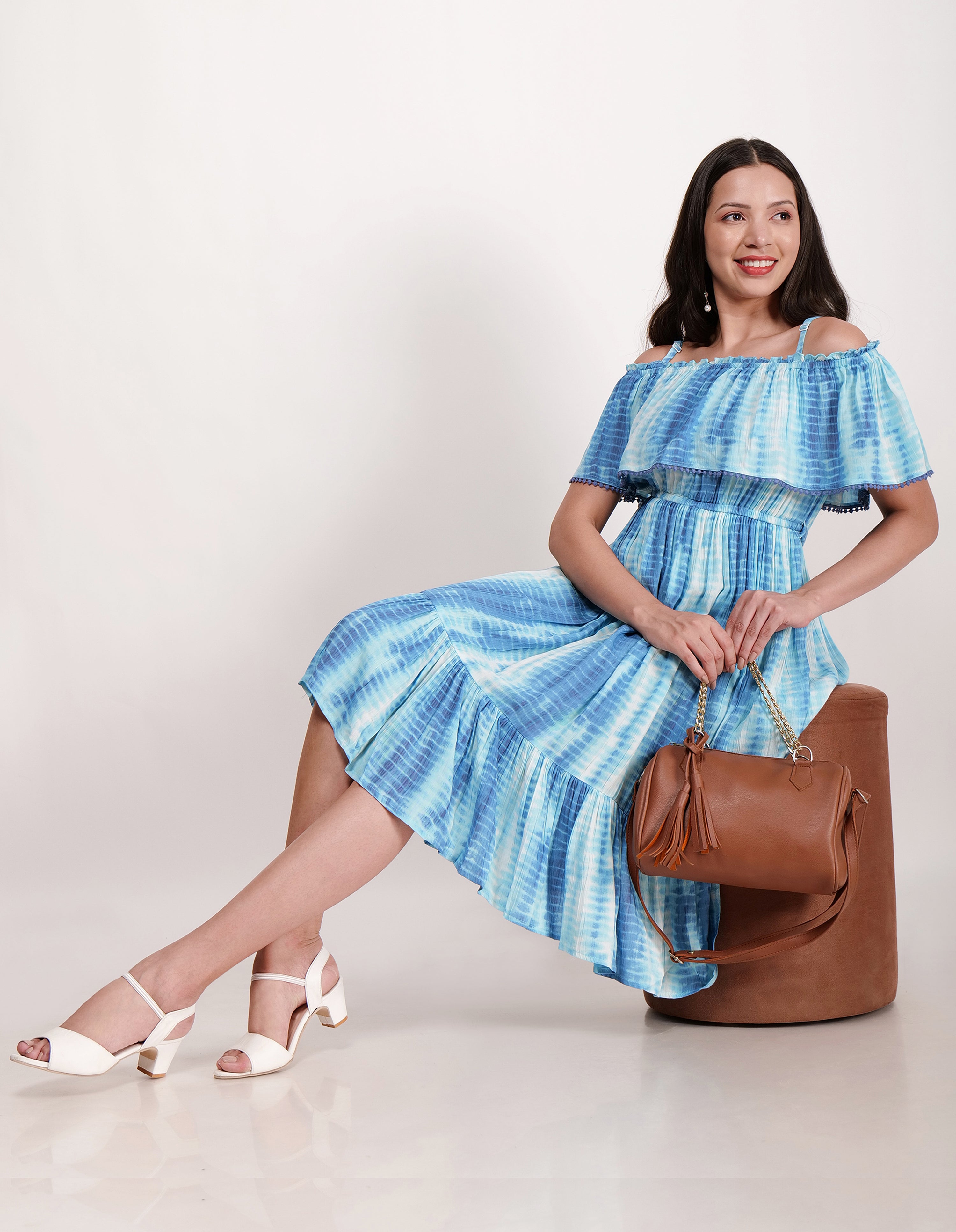 TIE & DYE PRINTED OFF SHOULDER A-LINE DRESS