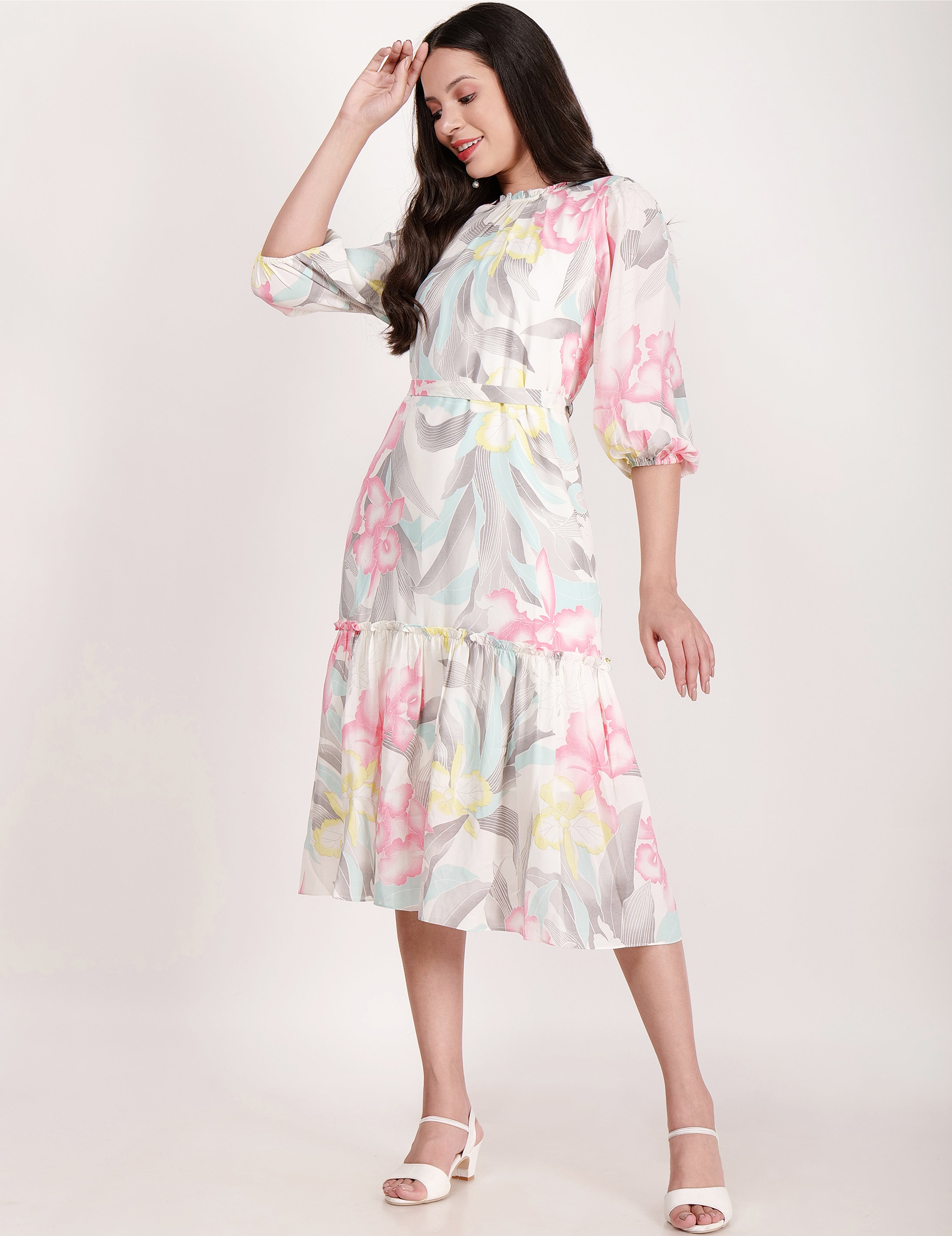 Floral All Over Printed tie-up Waist, A-line Dress