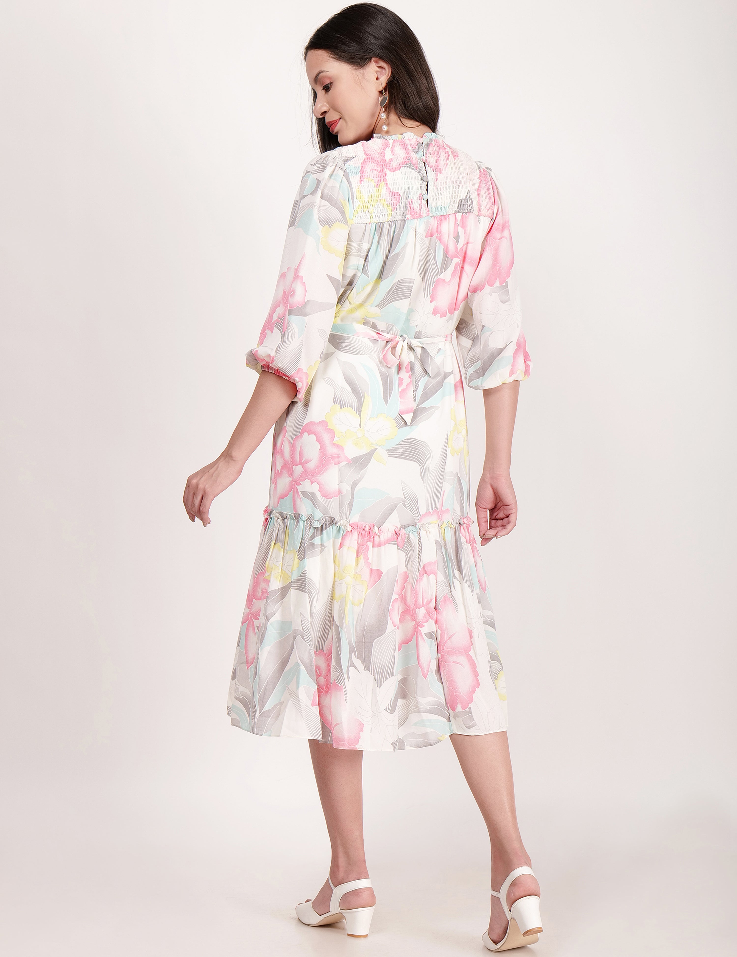 Floral All Over Printed tie-up Waist, A-line Dress