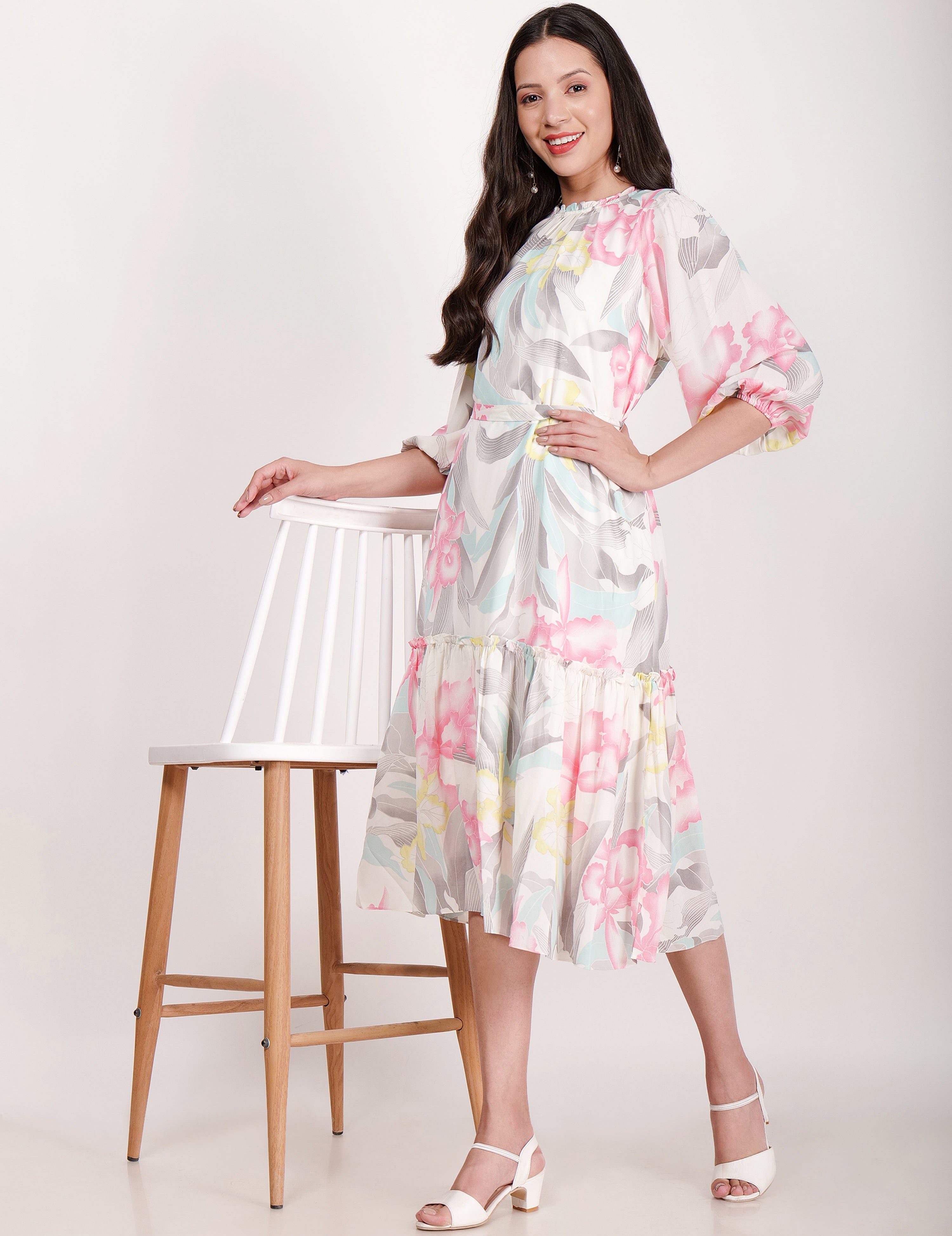 Floral All Over Printed tie-up Waist, A-line Dress