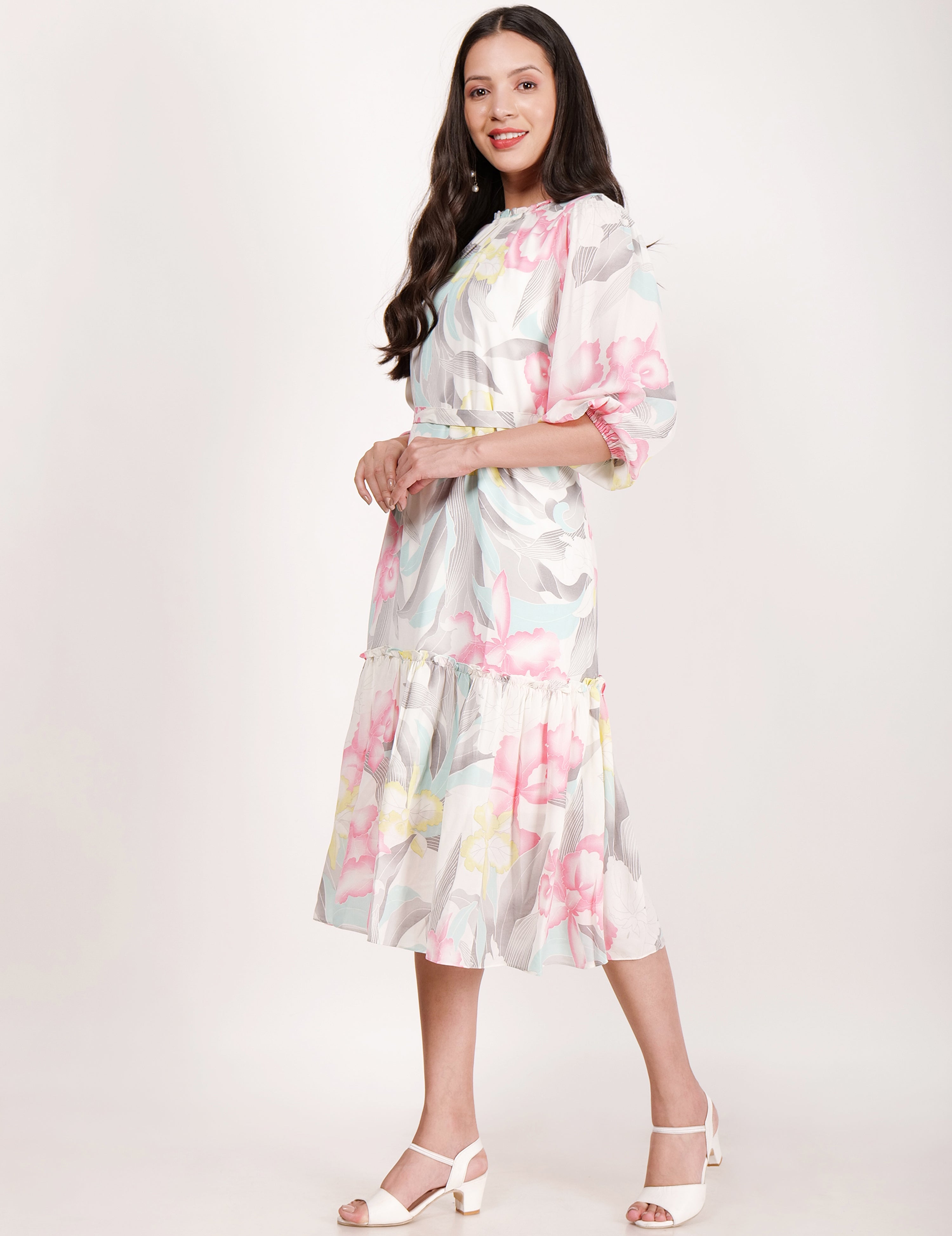 Floral All Over Printed tie-up Waist, A-line Dress