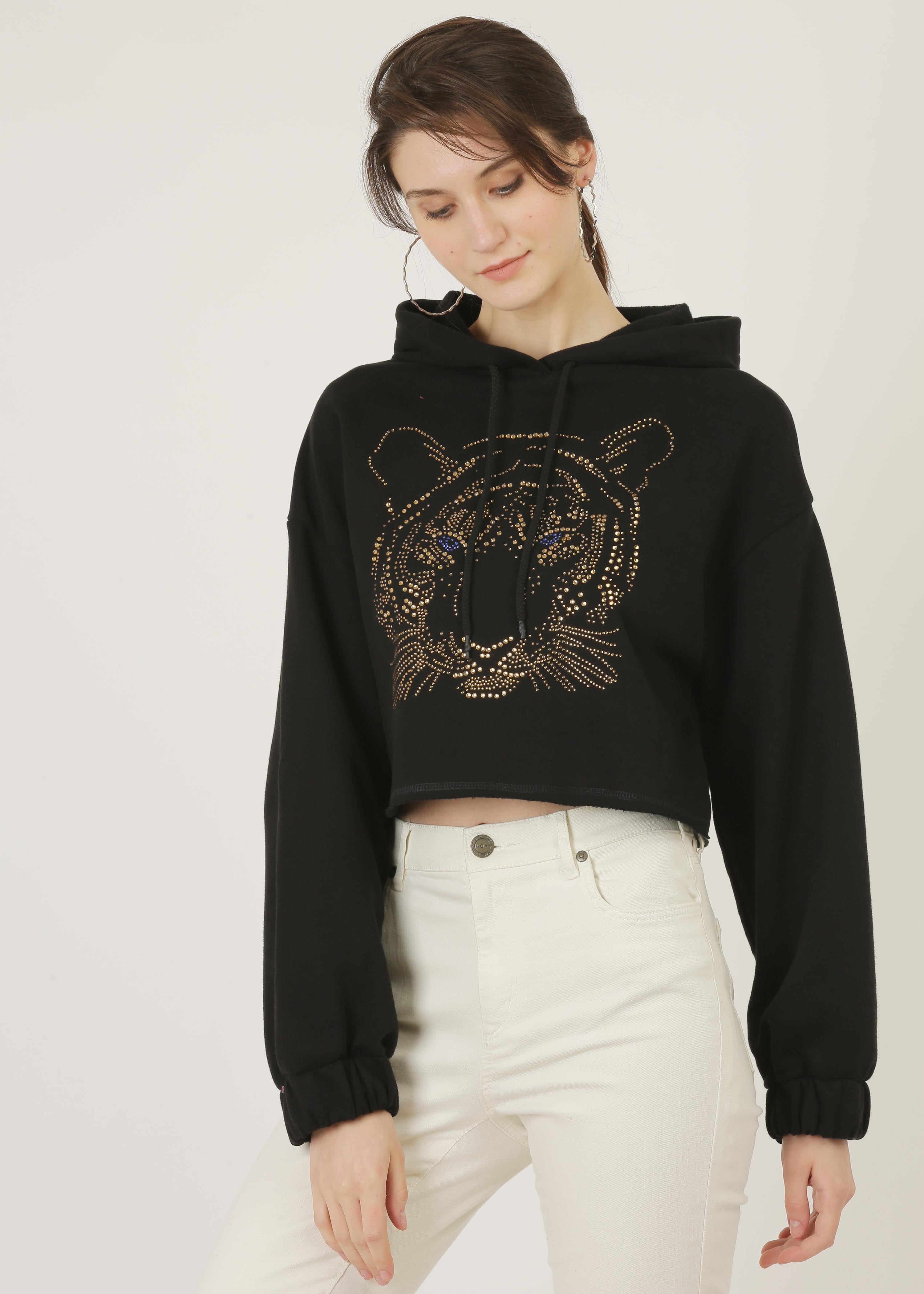 Crystal Heat Studs Tiger face Cropped Hooded sweat