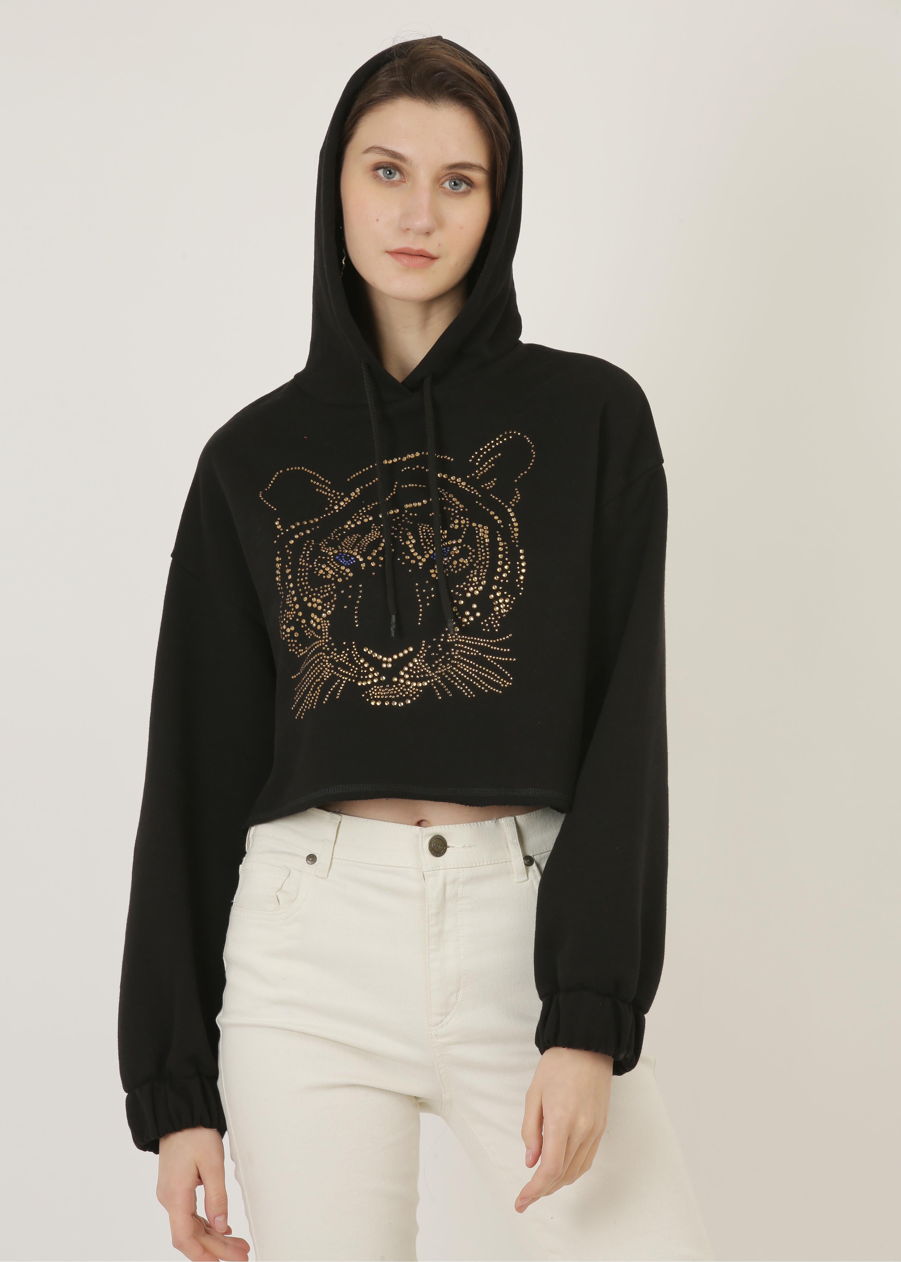 Crystal Heat Studs Tiger face Cropped Hooded sweat