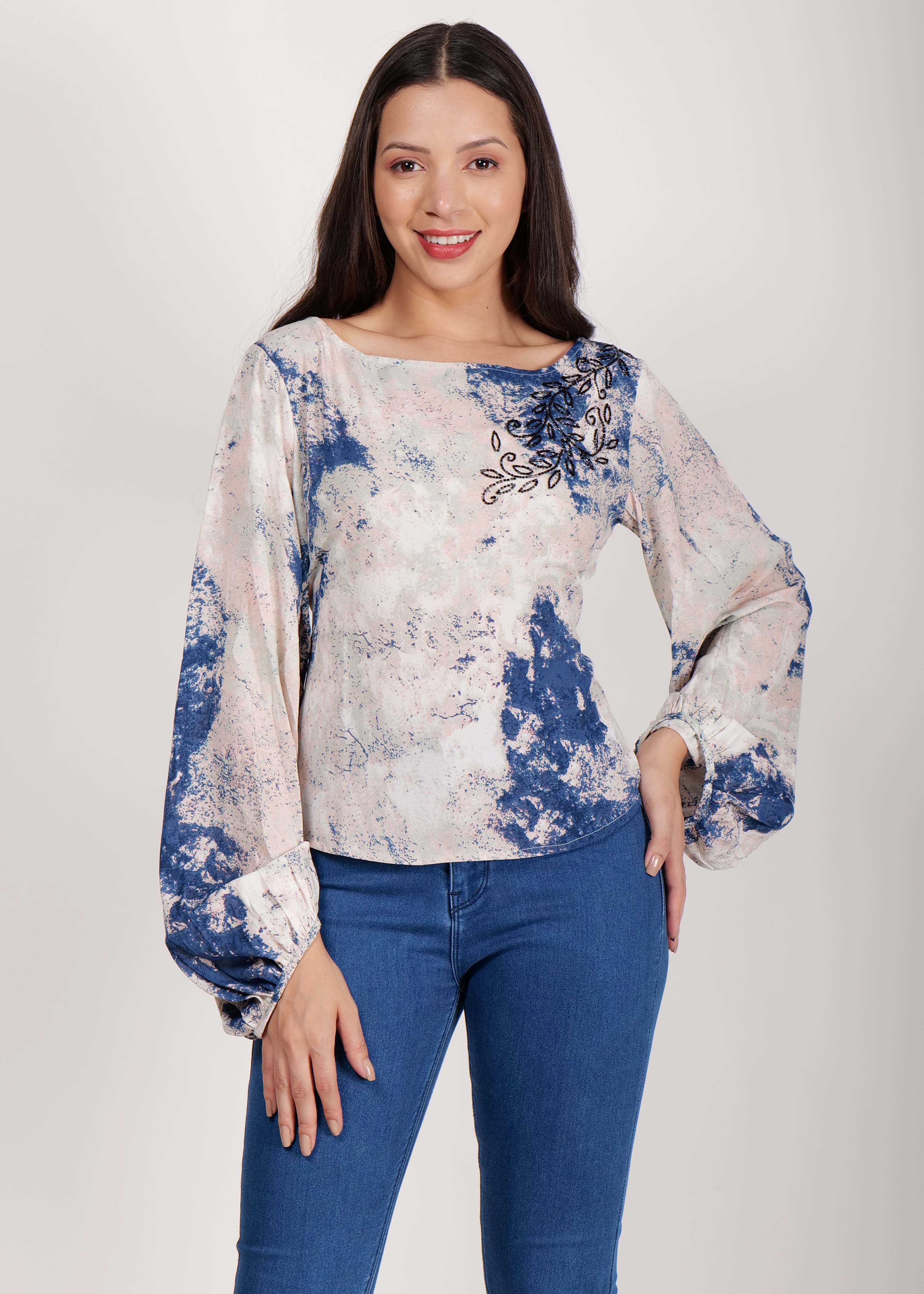 All Over Printed Boat Neck Beaded Casual top