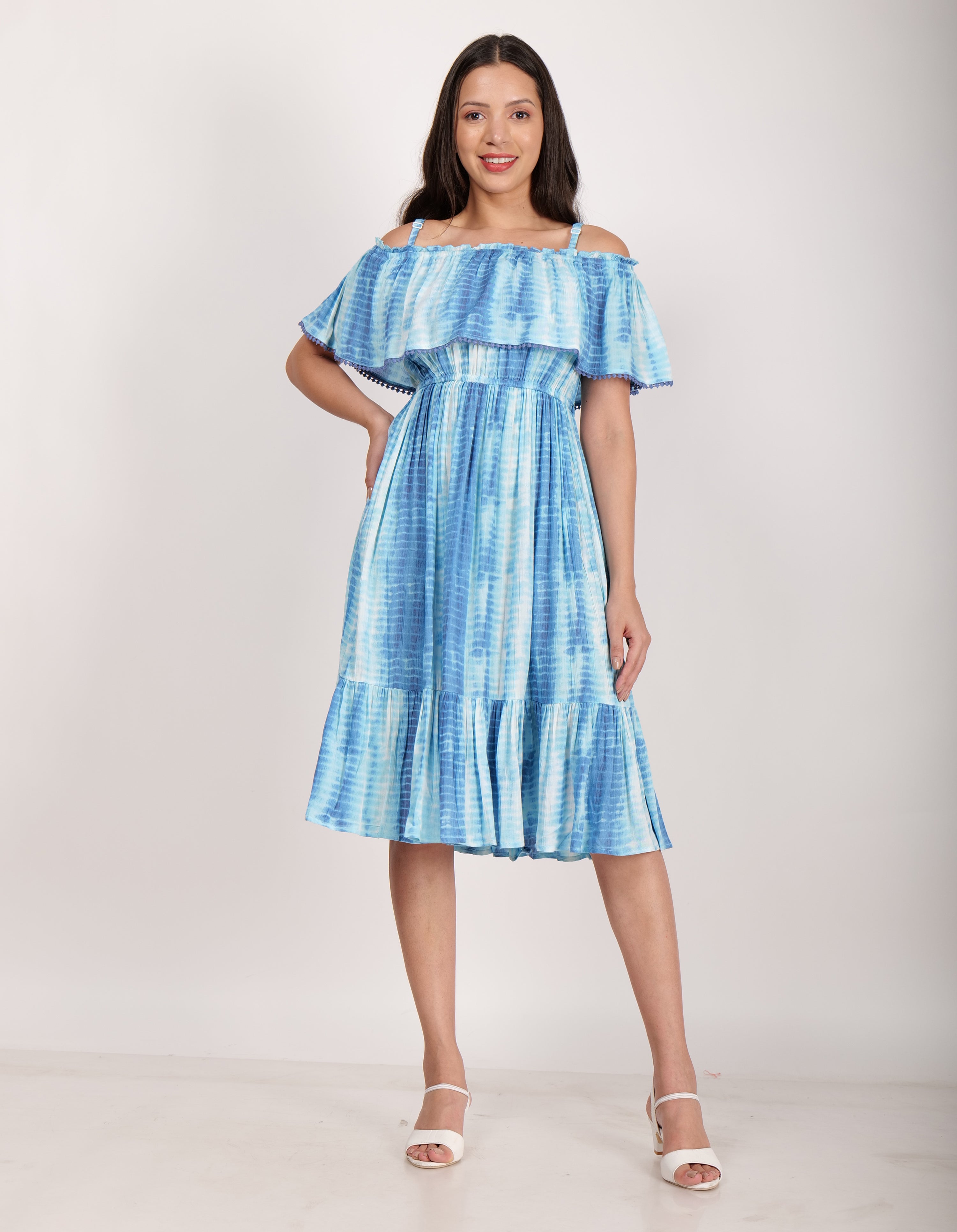 TIE & DYE PRINTED OFF SHOULDER A-LINE DRESS