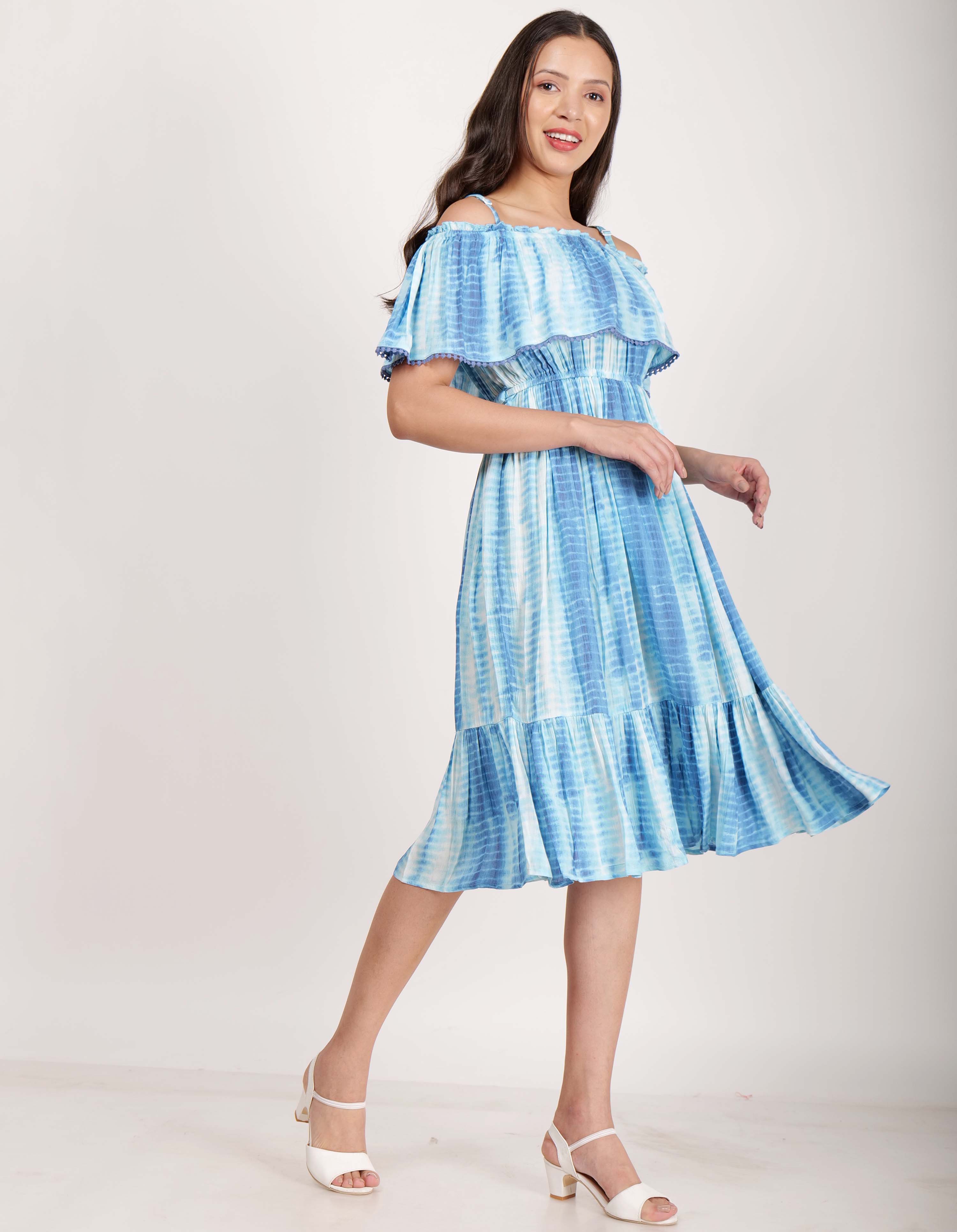 TIE & DYE PRINTED OFF SHOULDER A-LINE DRESS