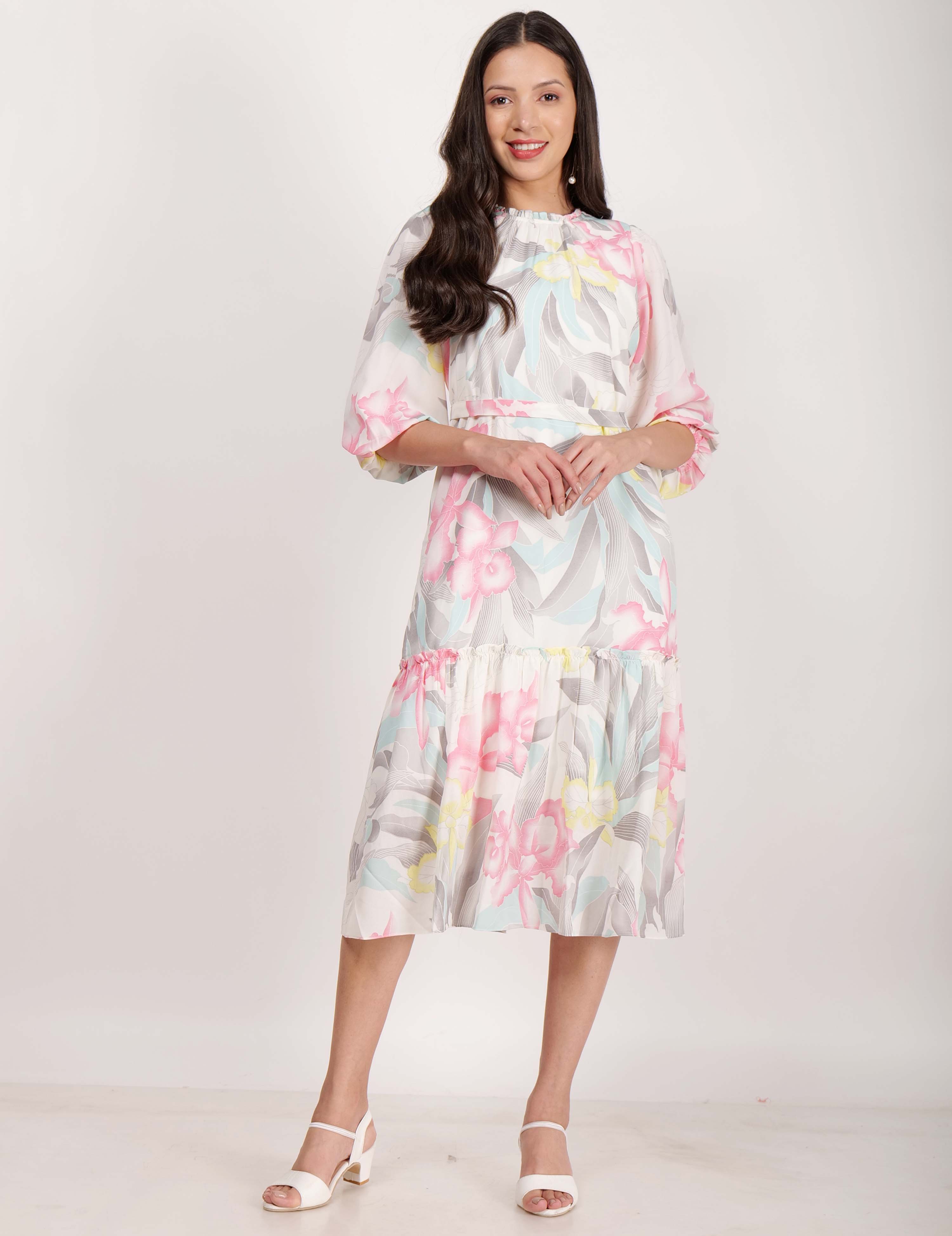 Floral All Over Printed tie-up Waist, A-line Dress