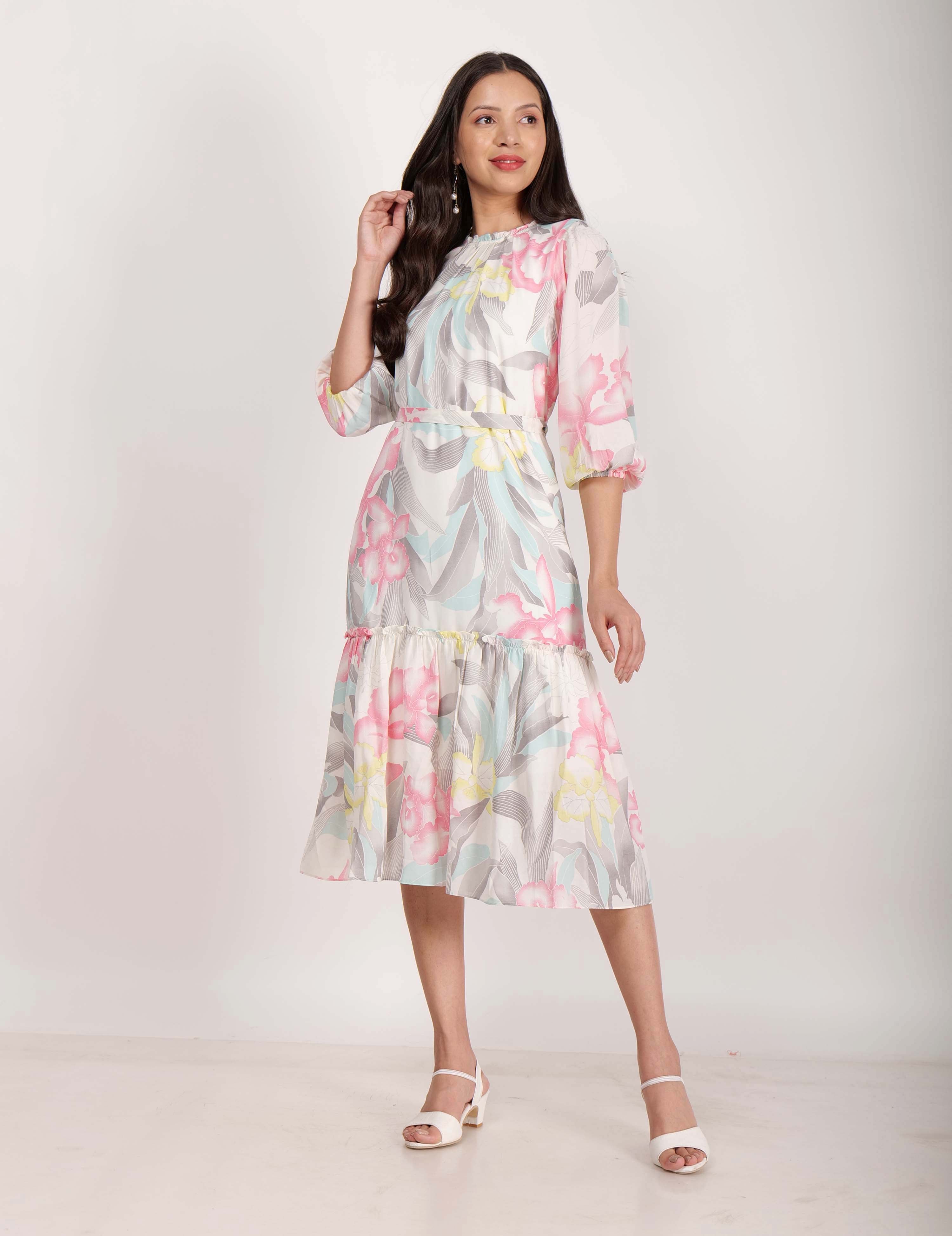 Floral All Over Printed tie-up Waist, A-line Dress