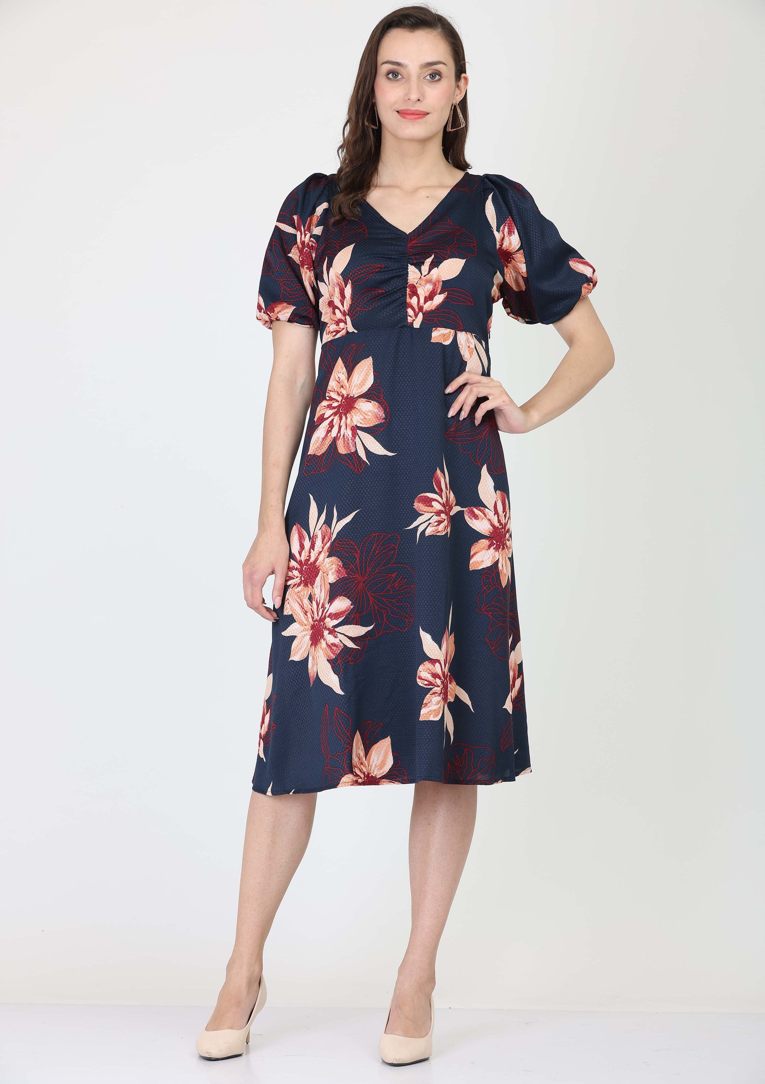 V Neck, All Over Printed Dobby A-line Dress