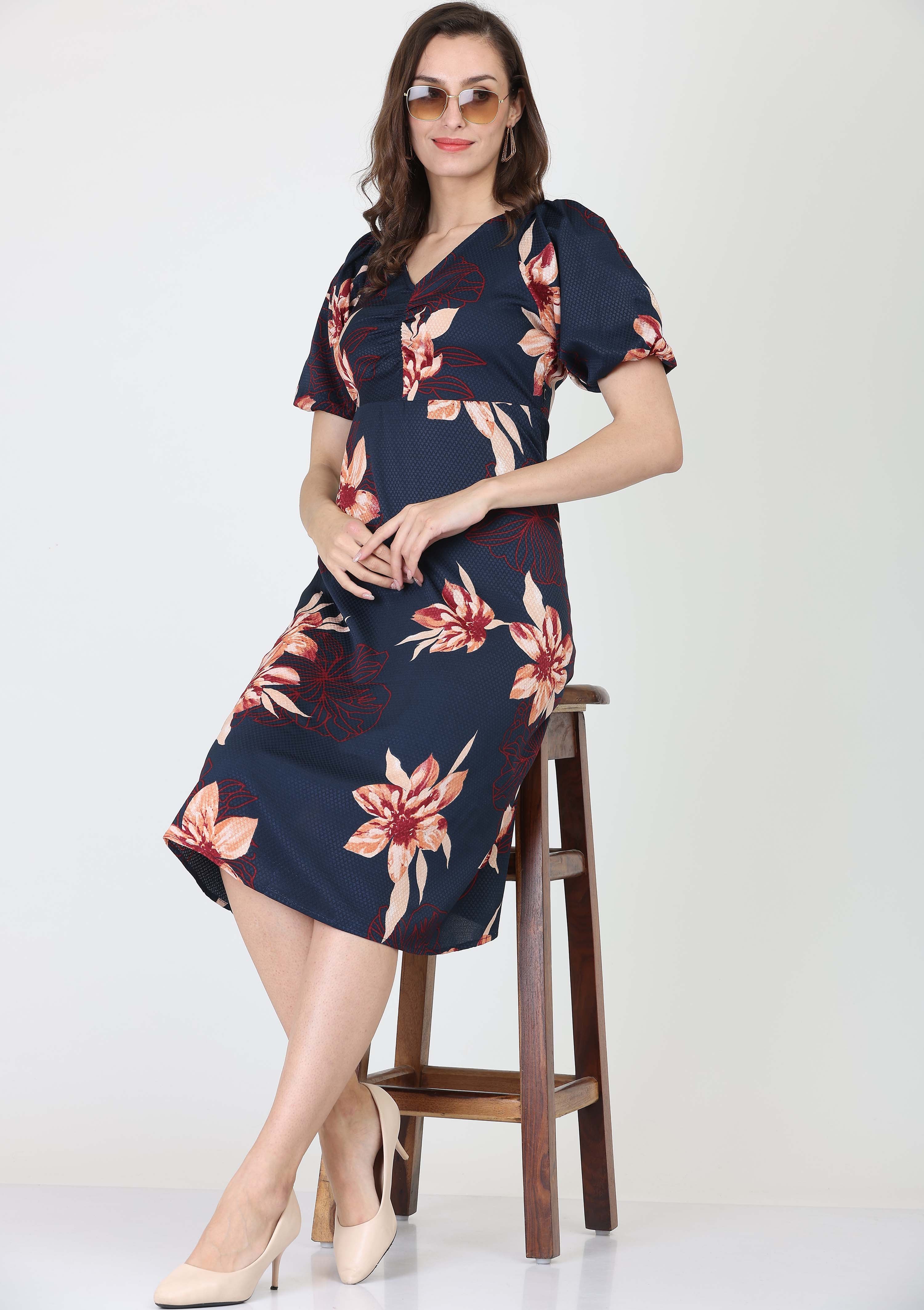 V Neck, All Over Printed Dobby A-line Dress