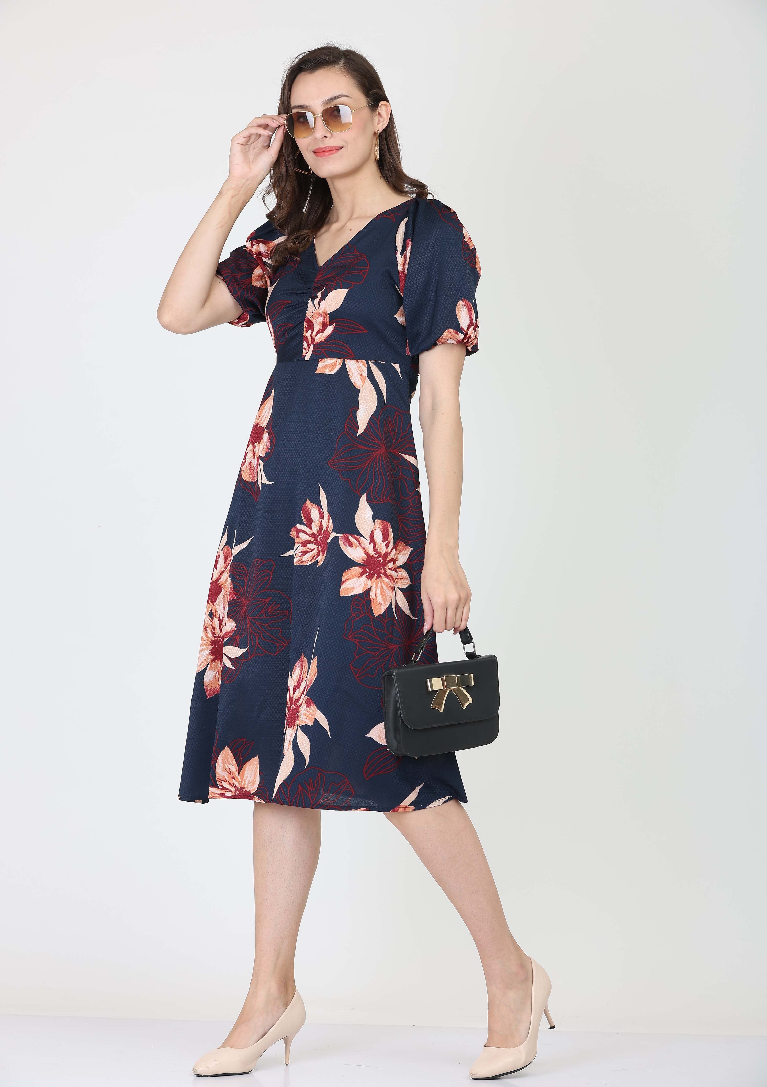 V Neck, All Over Printed Dobby A-line Dress