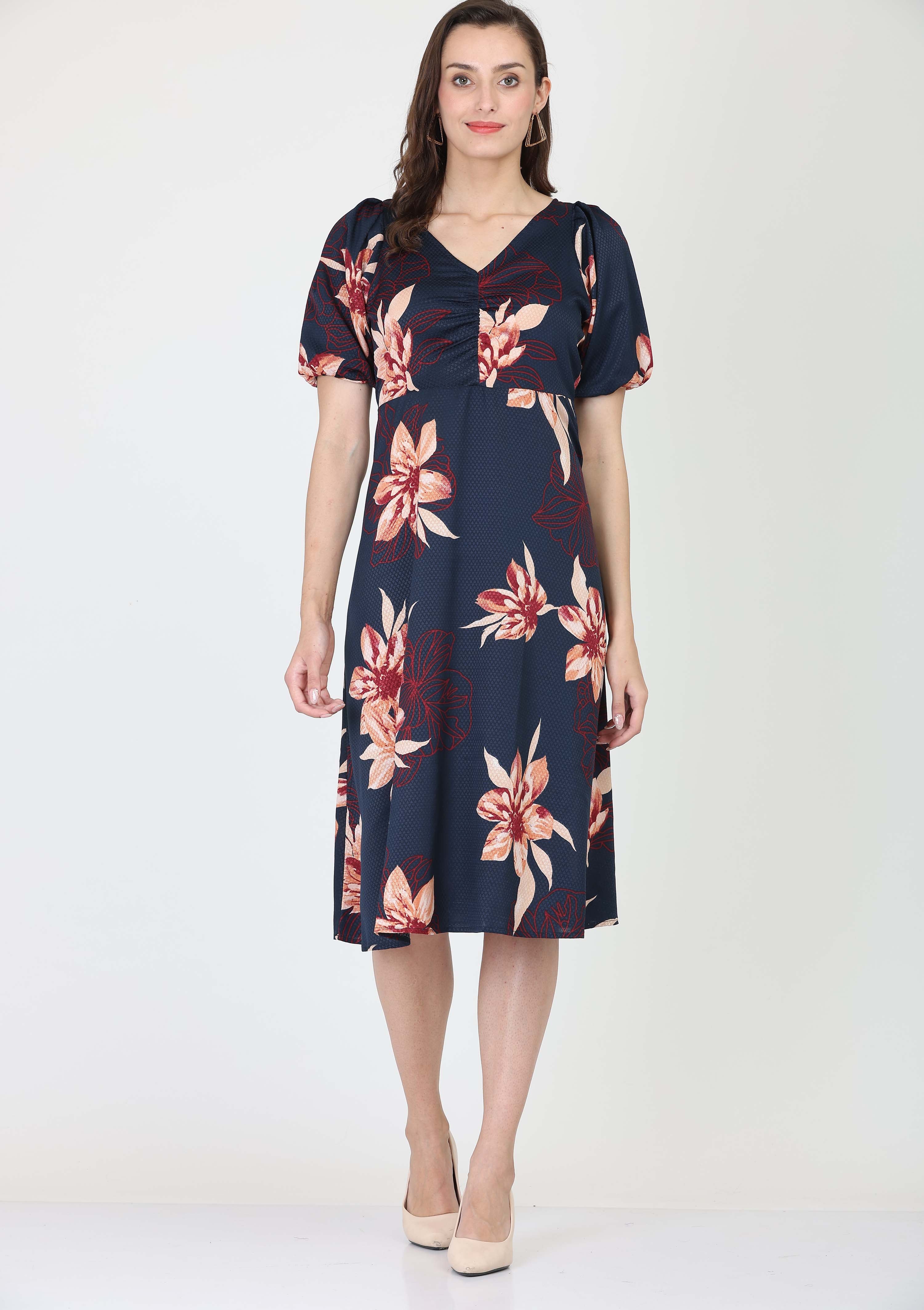 V Neck, All Over Printed Dobby A-line Dress