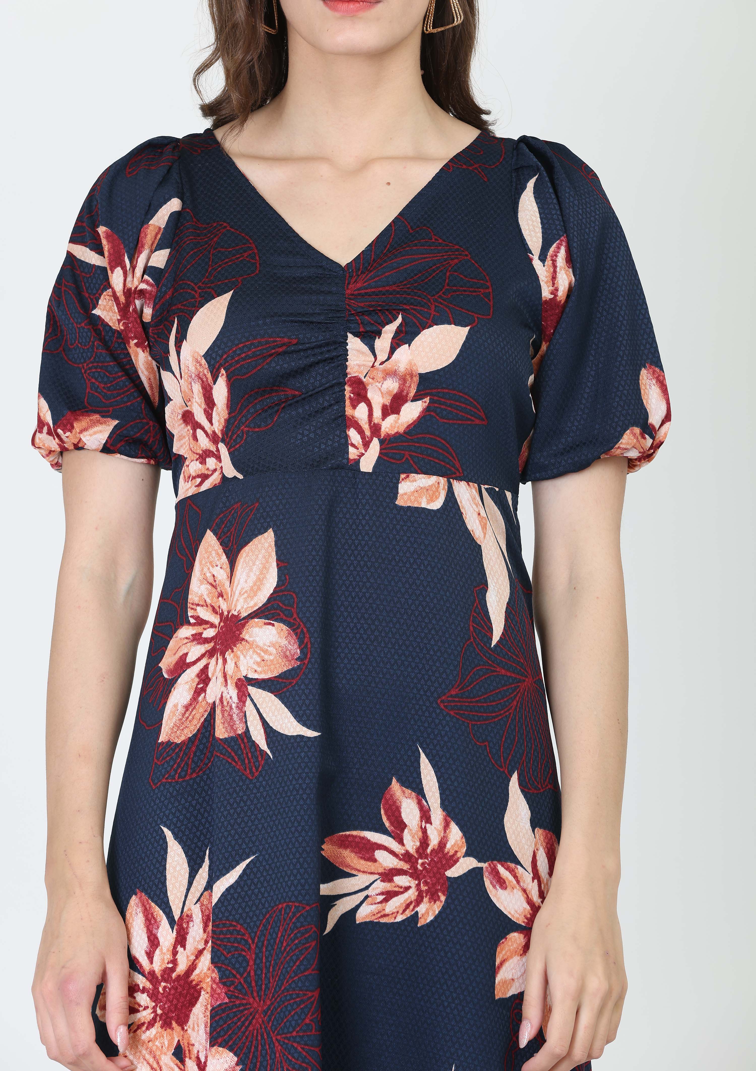 V Neck, All Over Printed Dobby A-line Dress