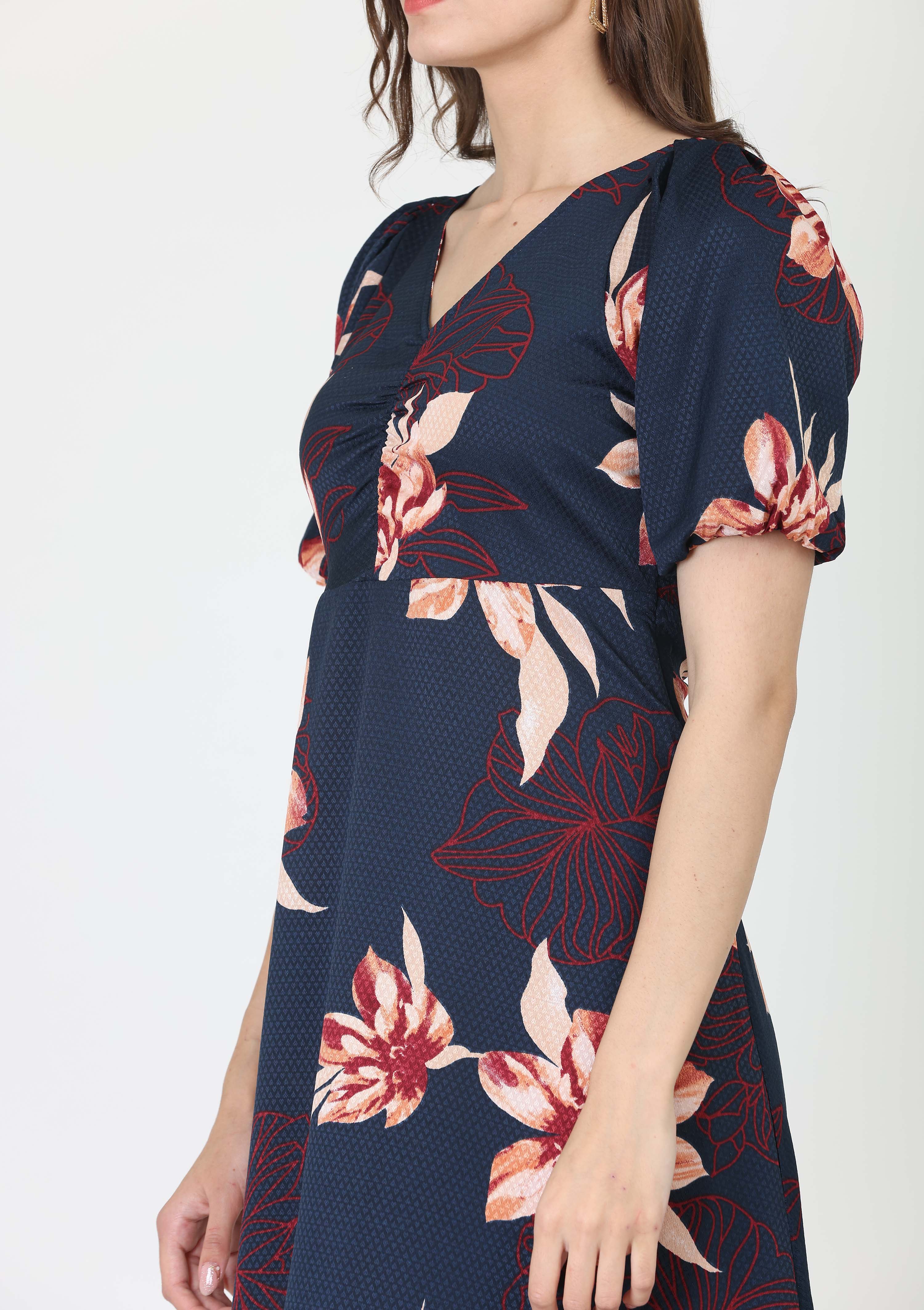 V Neck, All Over Printed Dobby A-line Dress