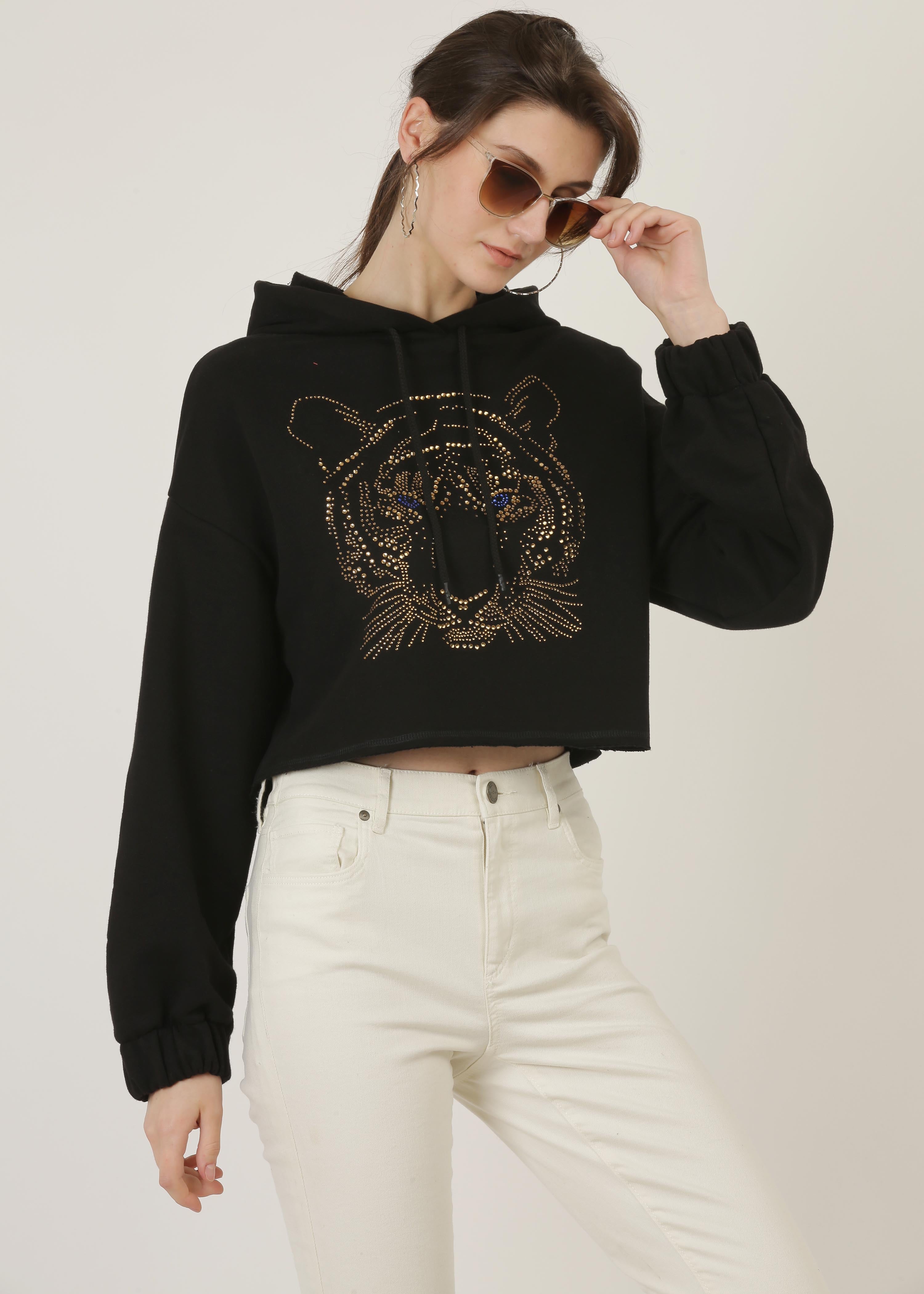 Crystal Heat Studs Tiger face Cropped Hooded sweat